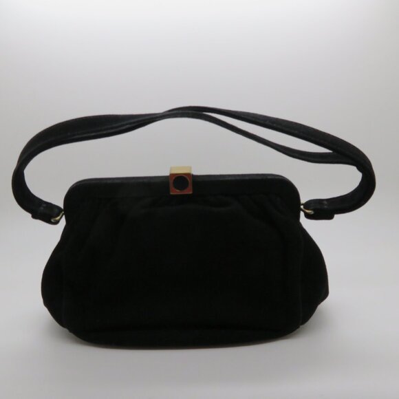 Vintage Handheld Black Suede Velvet Purse Bag Evening Top Handle Gold Clasp - Picture 12 of 12